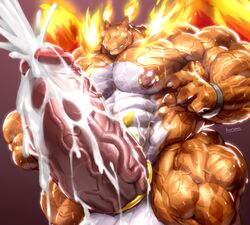 abs accessory anthro big_muscles big_penis bodily_fluids charizard cock_ring cum cum_cannon cum_on_penis genital_fluids genitals gigantamax_charizard gigantamax_pokémon glowing glowing_eyes hi_res huge_cock huge_muscles hyper hyper_genitalia hyper_muscles hyper_penis jewelry kuroma looking_at_genitalia looking_at_penis male male_only multicolored_body muscular muscular_anthro muscular_male nintendo nipple_barbell nipple_piercing nipples penis penis_accessory penis_jewelry piercing pokemon solo two_tone_body vein veiny_muscles veiny_penis wristband