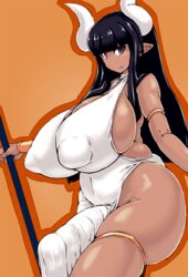 1futa armlet big_breasts big_bulge biped black_eyes black_hair breasts bulge clothed clothing curvy_figure dark_skin dress erection erection_under_clothes futa_only futanari genital_outline genitals glistening glistening_body glistening_skin hair half-erect hi_res holding_object holding_staff horn horned_humanoid horns huge_breasts huge_bulge huge_cock humanoid humanoid_hands humanoid_penis humanoid_pointy_ears intersex kanon_(148bpm) long_hair looking_at_viewer mammal monotone_hair nipple_outline orange_background partially_clothed penis penis_outline side_boob side_view simple_background slightly_chubby solo solo_futa staff standing tan_body tan_skin tenting thick_thighs tight_clothing voluptuous white_clothing white_dress wide_hips