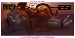 2boys 3_toes absurd_res anthro ass blindfold blush bondage bound brown_body brown_fur candle claws completely_nude demon dialogue domestic_cat dragon duo english_text feet felid feline felis fur garret_mvahd_(oc) glowing glowing_eyes hi_res howard_(james_howard) james_howard male male/male male_only maledom malesub mammal nude nude_male on_lap romantic_ambiance romantic_couple sitting_on_lap soles story story_in_description teasing text toe_claws toes