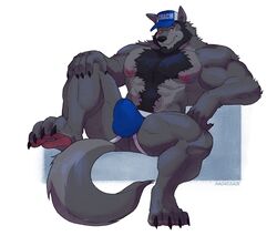 1boy abs anthro baseball_cap biceps big_muscles blue_underwear body_hair bulge canid canine canis clothing coach_mika happy_trail hat headgear headwear hi_res looking_at_viewer machojuice male male_only mammal muscular muscular_anthro muscular_male nipples paws pecs simple_background solo underwear wolf