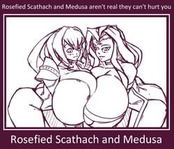 2girls ass big_ass black_and_white breast_squish breasts breasts_bigger_than_head cleavage english_text fate/grand_order fate_(series) female huge_breasts large_breasts looking_down medusa_(fate) meme monochrome n647 rosification scathach_(fate) sketch text thick_thighs thin_waist voluptuous wide_hips