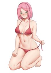 1girls bare_shoulders barefoot bikini blush boruto:_naruto_next_generations breasts collarbone facial_mark feet female female_only forehead_mark green_eyes kneeling long_hair looking_at_viewer naruto naruto_(series) navel pink_hair sakura_haruno sarhce simple_background swimsuit thighs tiptoes toes untied_bikini white_background