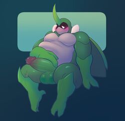 anthro arthropod balls beetle belly blush bug_fables genitals green_body hi_res horn humanoid_genitalia humanoid_penis insects kabbu_(bug_fables) male moonsprout_games musclegut pecs penis redeyedgazer sitting slightly_chubby solo thick_thighs video_games wings