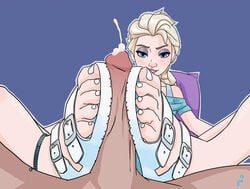 1boy 1girls bare_shoulders blonde_hair blue_eyes blue_shirt clothed clothed_female_nude_male clothed_sex cum cumshot disney elsa_(frozen) faceless_male feet female footjob footjob_with_sandals frozen_(film) happy_face looking_at_viewer mohoshadream nail_polish naked_footwear nude_male open_toe_shoes penis penis_grab pillow queen sandaljob sandals shoejob smile toes white_nails white_shoes