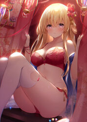 1girls blonde_hair blush female purple_eyes red_bra red_nails red_panties sitting white_legwear white_tights