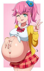 1girls big_belly big_breasts blue_eyes clothed dmy-gfx female female_only hair_ornament hand_on_belly hazumi hazumi_and_the_pregnation huge_belly large_belly large_breasts linea_nigra navel outie_navel peace_sign pink_hair ponytail pregnant ready_to_pop school_uniform skirt solo solo_focus standing thick_thighs tied_hair tongue tongue_out wink