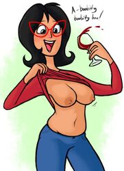 big_breasts bob's_burgers dirty_platypi drunk flashing flashing_breasts glasses green_background linda_belcher nipples white_background