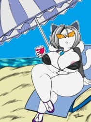 2020 3:4 3_toes 5_fingers alcohol anthro areola_slip beach beach_chair beach_umbrella beverage big_breasts bikini bikini_top black_bikini black_bikini_top black_nose breasts canid canine canis clothed clothing felid feline female footwear grey_hair hair highres holding_glass holding_object holding_wine_glass huge_breasts jewelry jyto karen looking_at_viewer mammal meme mole mole_(marking) naked_footwear necklace necklace_between_breasts purple_footwear seaside signature slightly_chubby solo sunglasses swimwear tem temmie temmie_(undertale) temren_(jyto) thick_thighs undertale video_games white_body wine wine_glass