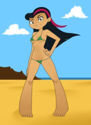 beach black_hair brown_eyes cartoon_network female_solo green_bikini green_swimsuit grin human human_only juniper_lee long_hair looking_at_viewer naughty_face outside rodjim small_breasts standing the_life_and_times_of_juniper_lee