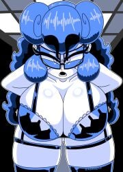 1girls almkornkid angry angry_at_viewer big_breasts black_eyebrows black_lingerie blue_eyeliner blue_hair breasts em_(character) hands_on_hips lingerie looking_at_viewer office scowl solo solo_female thick_eyebrows white-skinned_female white_skin