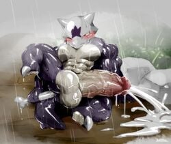 abs alolan_marowak anal anal_sex anthro balls big_balls big_penis blush bodily_fluids bone cum cum_hose cum_on_ground ejaculation excessive_cum genital_fluids genitals humanoid_genitalia humanoid_penis kuroma leaning leaning_back male marowak multicolored_body muscular muscular_anthro muscular_male nintendo outside penetration penis pokémon_(species) pokemon raining regional_form_(pokémon) solo spread_legs spreading two_tone_body vein veiny_balls veiny_penis video_games