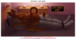 2boys 3_toes absurd_res anthro ass birthday_gift blindfold bondage bound brown_body brown_fur candle claws completely_nude cuddling demon domestic_cat dragon duo english_text feet felid feline felis fur garret_mvahd_(oc) glowing grey_body grey_skin happy_birthday heart hi_res howard_(james_howard) james_howard love male male/male male_only maledom malesub mammal nude_male on_lap romantic_ambiance romantic_couple sitting_on_lap smile soles story story_in_description text toe_claws toes url