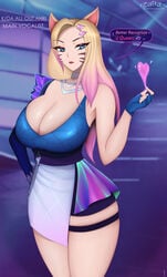 1girls ahri big_breasts blonde_hair blue_eyes breasts cleavage face_markings fox fox_ears fox_girl gloves hairclip heart jewelry k/da_all_out_ahri k/da_all_out_series k/da_series large_breasts league_of_legends league_of_legends:_wild_rift riot_games skindentation speech_bubble thick_thighs tight_clothing zurikat