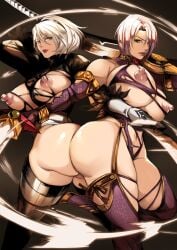 2girls absurdres ass ass-to-ass ass_press asymmetrical_clothes asymmetrical_gloves asymmetrical_sleeves back_to_back black_thighhighs breasts breasts_out bubble_butt catfight crossover elbow_gloves erect_nipples fat_ass garter_straps gold_garter_straps hair_over_one_eye highres holding_sword holding_weapon huge_ass huge_breasts isabella_valentine large_breasts leotard light-skinned_female lingerie lingerie_armor mature mature_female milf multiple_girls nier:_automata nier_(series) nipples novice_king pauldron purple_elbow_gloves purple_thighhighs purple_thong_leotard rivalry rivals round_ass short_hair short_hair_female short_hair_with_long_locks skindentation soul_calibur soul_calibur_iv standing sword thick_ass thick_thighs thighhighs thong_leotard torn_bra torn_clothes voluptuous whip_sword white_hair white_thong_leotard yorha_2b