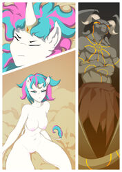 absurd_res angry anthro bed bottomwear breasts clothing comic duo equid equine female first_person_view frown furniture gargoyle genitals glare hi_res horn horn_ring looking_at_viewer male mammal markings multi_arm multi_limb nude okata on_bed pussy ring sitting skirt smug standing standing_over tail_tuft thick_thighs tuft unicorn wings