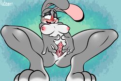 2020 anthro blush bodily_fluids breasts buckteeth clitoris cross-eyed crouching disney female finger_fuck fingering fingering_self front_view genital_fluids genitals grey_body hi_res judy_hopps lagomorph leporid looking_pleasured mammal masturbation medium_breasts nipples open_mouth protagon pussy pussy_juice rabbit raised_inner_eyebrows solo spread_pussy spreading teeth vaginal_masturbation vaginal_penetration zootopia