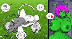 alien antennae_(anatomy) anthro ass big_breasts big_butt black_eyes blush breast_jiggle breasts call_me dialogue domestic_cat english_text felid feline felis female flower frae_jlanx fur grass_field green_body grey_body grey_fur grey_hair group hair hayakain huge_breasts jiggling kitty_(hayakain) male mammal motion_lines multicolored_body multicolored_fur pink_hair plant smile speech_bubble tail tasha_(hayakain) teo_(hayakain) text two_tone_body two_tone_fur white_body white_fur