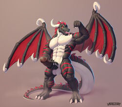 3_toes abs absurd_res amras_lelliath anthro balls biceps big_penis big_tail chest_lick claws dark_penis dragon dragon_wings feet fist frill_(anatomy) genitals hand_on_penis head_crest head_frill hi_res horn looking_at_viewer male male_only multicolored_body muscular muscular_anthro muscular_male pecs penis pink_tongue red_wings simple_background solo spread_wings standing toes tongue voidlesky white_balls white_claws wings