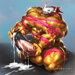 1:1 abs anthro balls big_balls big_muscles big_penis blush bodily_fluids bondage bound clothing cum cum_on_ground cum_pool cum_through_clothing dark_nipples digimon digimon_(species) excessive_cum genital_fluids genitals hair heart holding_penis huge_cock huge_muscles humanoid_genitalia humanoid_penis jockstrap kuroma looking_pleasured male male_only muscular muscular_anthro muscular_male nipples orange_body orange_skin pecs penis pink_penis pink_ribbon red_hair ribbon_bondage ribbons solo tongue tongue_out underwear vein veiny_balls veiny_muscles veiny_penis wargreymon wet wet_clothing