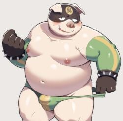 1boy 2023 anthro belly big_belly blush bulge clothing diru11 domestic_pig hi_res kemono male mammal mask moobs navel nipples overweight overweight_male seductive solo suid suina sus_(pig) underwear