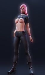 1girls 3d athletic_female black_lipstick boots breasts_out clothed_female emo female_only fortnite goth goth_girl haze_(fortnite) looking_at_viewer pale_skinned_female piercing pink_eyes pink_hair simple_background smile smiling_at_viewer solo sunglasses tattoo wicc26 wristband