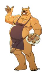 anthro apron apron_only armpit_hair balls belly biceps body_hair brown_body brown_fur canid canine canis clothed clothing digital_media_(artwork) domestic_dog erection eyebrows food foreskin fur genitals hi_res humanoid_genitalia humanoid_penis kennethbear4u male male_only mammal mostly_nude muffin musclegut muscular muscular_anthro muscular_male nipples overweight overweight_anthro overweight_male pawpads penis pit_bull pj_(pittiepj) simple_background slightly_chubby smile solo stocky thick_thighs