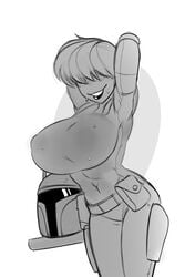 1girls armpits bodysuit borrowed_character breasts covered_eyes female hair_over_eyes helmet_removed huge_breasts lipstick monochrome original_character rahab_the_mandalorian short_hair star_wars sweat sweaty zetaskully