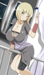 1girls arm_support big_breasts blonde_hair blue_eyes blush bob_cut clothing collarbone curtains curvy curvy_figure female female_on_top female_only huge_breasts kimono large_breasts long_hair looking_at_viewer naruto naruto_(series) naruto_shippuden railing samui senak012 short_kimono solo window