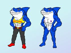 anthro breasts female fish genderswap great_white_shark marine muscular muscular_female nipples nude pants pussy ripster ripster_(street_sharks) rule_63 shark shark_girl shoes simple_background street_sharks tagme top