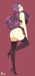 1girls ass bare_shoulders big_ass black_footwear black_legwear bra breasts circlet diamond_(symbol) earrings eyebrows_visible_through_hair female female_only fire_emblem fire_emblem_echoes:_shadows_of_valentia fire_emblem_gaiden hand_on_own_thigh high_heels highres jewelry large_ass large_breasts lingerie lips long_hair looking_at_viewer nintendo orange_eyes panties pink_background pinup_(style) profile purple_hair r3dfive red_bra red_panties shadow simple_background solo sonya_(fire_emblem) standing standing_on_one_leg thighhighs thighs thong underwear underwear_only very_long_hair watermark