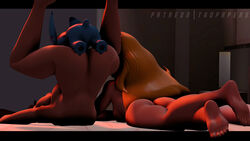 16:9 3d alien ass bed black_hair blonde_hair blue_body blue_fur crossed_legs disney ears_up experiment_(lilo_and_stitch) female fur furniture group hair hi_res human legs_up lifeguard_(lilo_and_stitch) lilo_and_stitch lying male mammal nani_pelekai on_bed on_front penetration pussy sex size_difference stitch straight twopapers widescreen