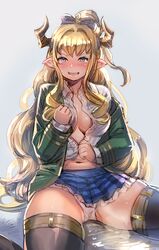 black_legwear blonde_hair blue_eyes blue_skirt blush bow bow_(bhp) bra breasts clenched_teeth clothing collared_shirt copyright_request draph female granblue_fantasy green_jacket grey_background hairbow hand_up horns jacket large_breasts long_hair long_sleeves looking_at_viewer miniskirt open_clothes open_jacket panties peeing peeing_self pleated_skirt pointy_ears rastina shirt simple_background sitting skirt solo tears teeth thighhighs underwear wariza white_panties white_shirt wing_collar