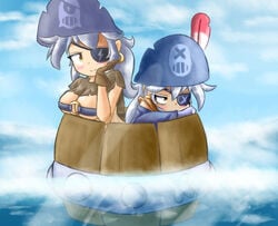 barrel beltbra bored brawl_stars darryl_(brawl_stars) eye_patch female head_tilt koichiko_(artist) koishiko_(artist) long_hair pirate pirate_hat rule_63 smiling