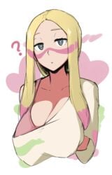 1girls ? alternate_breast_size blonde_hair cleavage face_paint game_freak hanging_breasts large_breasts long_hair loose_shirt matsurika_(pokemon) mina_(pokemon) nintendo oversized_shirt paint pink_bra pink_tank_top pokemon pokemon_sm question_mark roresu tank_top trial_captain