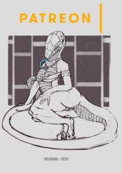 2020 anthro blue_eyes blue_tongue bottomless breasts clothed clothing female hi_res long_tail long_tongue nipples non-mammal_breasts reclining reptile scalie snake solo spot_color thick_thighs tongue velannal zmia