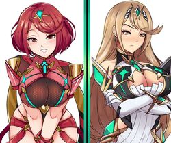 2girls blonde_hair breasts clothing color earrings female huge_breasts looking_at_viewer multiple_girls mythra pyra red_hair revolverwingstudios source_request xenoblade_(series) xenoblade_chronicles_2