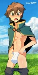 1boy blush brown_hair definetelyyuu green_eyes iamyuu kono_subarashii_sekai_ni_shukufuku_wo! loincloth male_only nipples no_shirt panties pants_down satou_kazuma short_hair yuunsfw