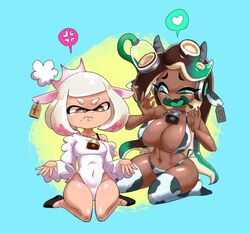 2girls angry breasts chocolate_and_vanilla cleavage cow_ears cow_horns cow_print cow_thong cowbell heart-shaped_pupils huge_breasts inkling larger_female marina_(splatoon) milking_machine minus8 nintendo octoling pearl_(splatoon) smaller_female splatoon splatoon_2 tag tagme tentacle video_games voluptuous wide_hips