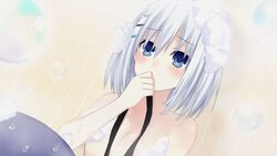 1girls bath blue_eyes blush breasts bubbles cg_art date_a_live date_a_live:_rio_reincarnation date_a_live:_twin_edition_rio_reincarnation date_a_live:_utopia_rinne dutch_angle embarrassed female female_only foam game_cg short_hair tobiichi_origami tsunako white_hair