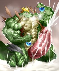 abs anthro big_muscles big_penis blonde_hair bodily_fluids breath clothing cum cum_cannon cumshot ejaculation erection excessive_cum genital_fluids genitals green_body green_skin hair hi_res huge_cock huge_muscles humanoid_genitalia humanoid_penis hyper hyper_genitalia hyper_muscles hyper_penis kuroma lizard looking_at_viewer male male_only multicolored_body muscular muscular_anthro muscular_male nude pecs penis pink_penis potion_bottle reptile scalie solo sweat tearing_clothing thick_thighs torn_clothing two_tone_body veiny_muscles