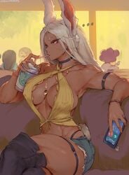 1girls absurd_res animal_ears artist_name big_breasts boots bracelet breasts bunny_ears choker cleavage clothed crossed_legs curvy cutesexyrobutts dark-skinned_female dark_skin detailed_background drinking female female_focus hi_res knee_boots large_breasts minoru_mineta miruko muscular muscular_female my_hero_academia necklace nipple_piercing nipple_piercings_under_clothes nipples_visible_through_clothing phone piercing pose rabbit_ears rabbit_tail red_eyes rumi_usagiyama short_shorts shorts sitting tail thick_thighs thin_waist thong white_hair wide_hips