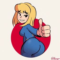 1girls animated ass bethesda_softworks blonde_hair clothing fallout fallout_(series) female from_behind jumpsuit looking_back mob_face peargor smile solo thumbs_up uniform vault_111 vault_girl vault_meat vault_suit wink