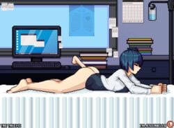 1boy 1girls 2d 2d_animation ambiguous_penetration animated atlus blue_hair blush bottomless clothed_sex clothing computer desktop disembodied_penis electronics female human james_cabello male on_bed on_stomach open_mouth outerwear pale_skin penis persona persona_5 pixel_animation pixel_art prone_bone short_hair tae_takemi topwear