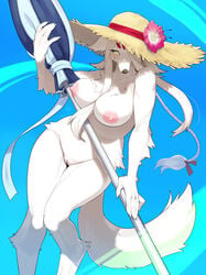 anthro blush breasts canid canine canis clothing domestic_dog edit female fur furry furry_only genitals hair hat headgear headwear helga_(world_flipper) hi_res kame_3 kemono looking_at_viewer mammal mostly_nude naked nipples nude pussy smile solo solo_female swimwear tail video_games white_body world_flipper