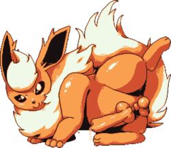 alpha_channel animal_genitalia animal_penis balls bodily_fluids canid canine canine_penis canis digital_media_(artwork) eeveelution erection feral flareon fur genital_fluids genitals knot knot_root looking_at_viewer male mammal nintendo nude penis pokémon_(species) pokemon queenkami restricted_palette sheath smile solo sprite transparent_background video_games