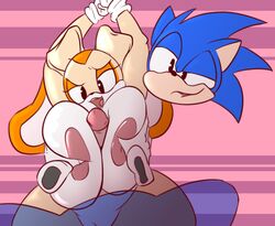 anthro areolae armpits big_breasts blue_fur breasts bunny classic_sonic cream_the_rabbit female female_focus floating_hands foreskin furry_only hedgehog looking_pleasured male nipples paizuri penis plaga scrotum sega smug_face sonic_(series) sonic_the_hedgehog titjob transparent_body