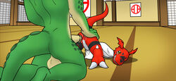 absurd_res arms_tied bound crocodilian digimon digimon_(species) dojo furry guilmon hi_res keikogi male_only martial_arts_uniform reptile scalie sportswear