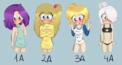 ann_chica_(fnafhs) blonde_hair bonnie_(fnafhs) chica_(fnafhs) fnafhs fnafhs_z3ro joy_(fnafhs) meg_(fnafhs) purple_hair white_hair