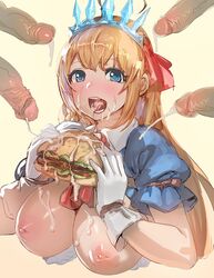 :d blonde_hair blue_eyes blush bow_(bhp) breasts bukkake collared_shirt cropped_torso crown cum cum_in_mouth cum_on_food cum_on_tongue ejaculation erection erection_under_clothes facial female food gloves hair_ornament hamburger hands_up holding holding_food large_breasts long_hair looking_at_viewer multiple_penises nipples open_mouth pecorine penis princess_connect! princess_connect!_re:dive projectile_cum puffy_short_sleeves puffy_sleeves shirt short_sleeves smile solo_focus surrounded_by_penises upper_body white_gloves wing_collar yellow_background