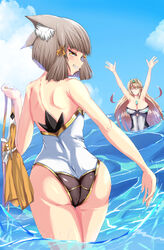 2girls ass catgirl demohan555 looking_at_viewer looking_back mythra nia nia_(xenoblade) nintendo ocean one-piece_swimsuit pussy smile swimsuit water xenoblade_(series) xenoblade_chronicles_2